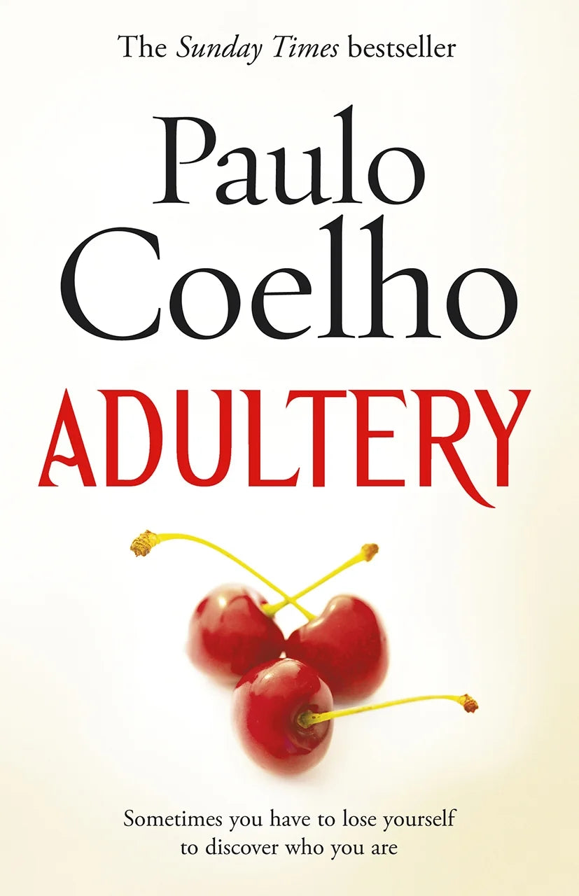 Book cover of 'Adultery' by Paulo Coelho with cherries on a beige background