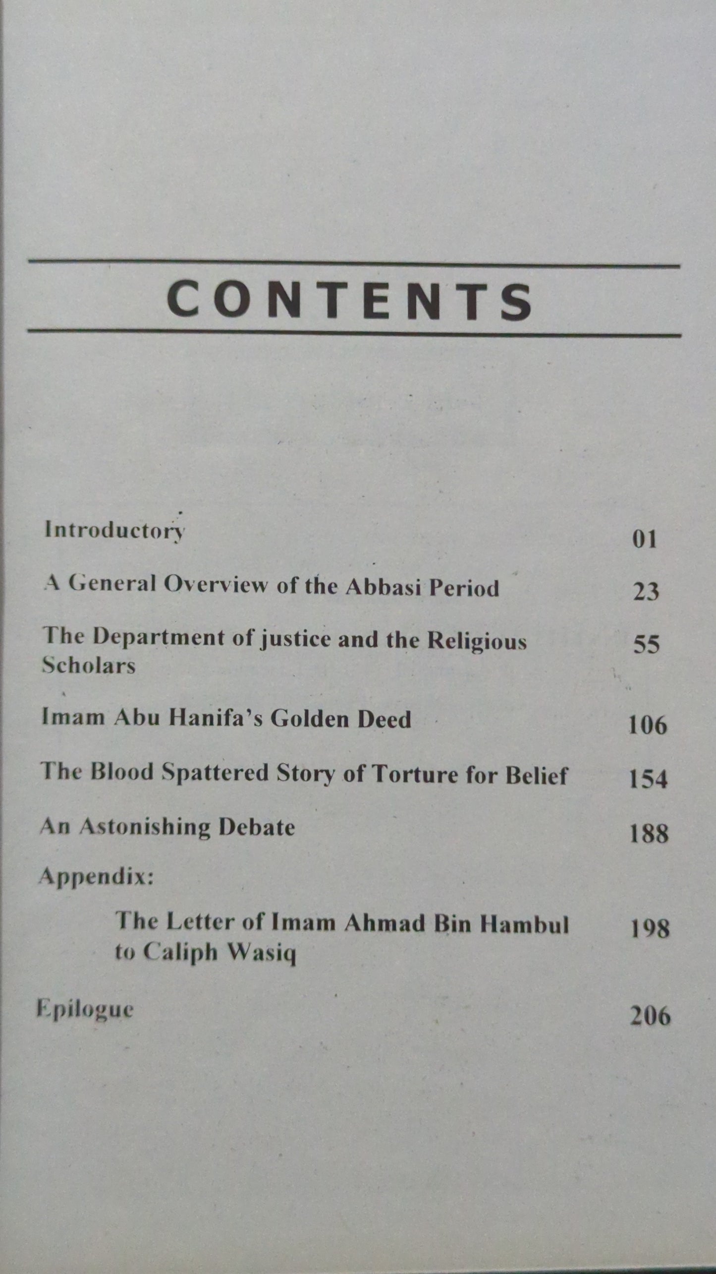 The Table of Contents page for "A Strife Between Religion and Politics In Abbasi Period," showing chapter titles including "A General Overview of the Abbasi Period," "Imam Abu Hanifa’s Golden Deed," and "The Blood Spattered Story of Torture for Belief