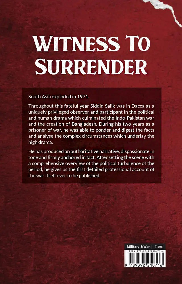 Witness to Surrender book by Brigadier Siddique Salik - 1971 War Hardcover BackSide