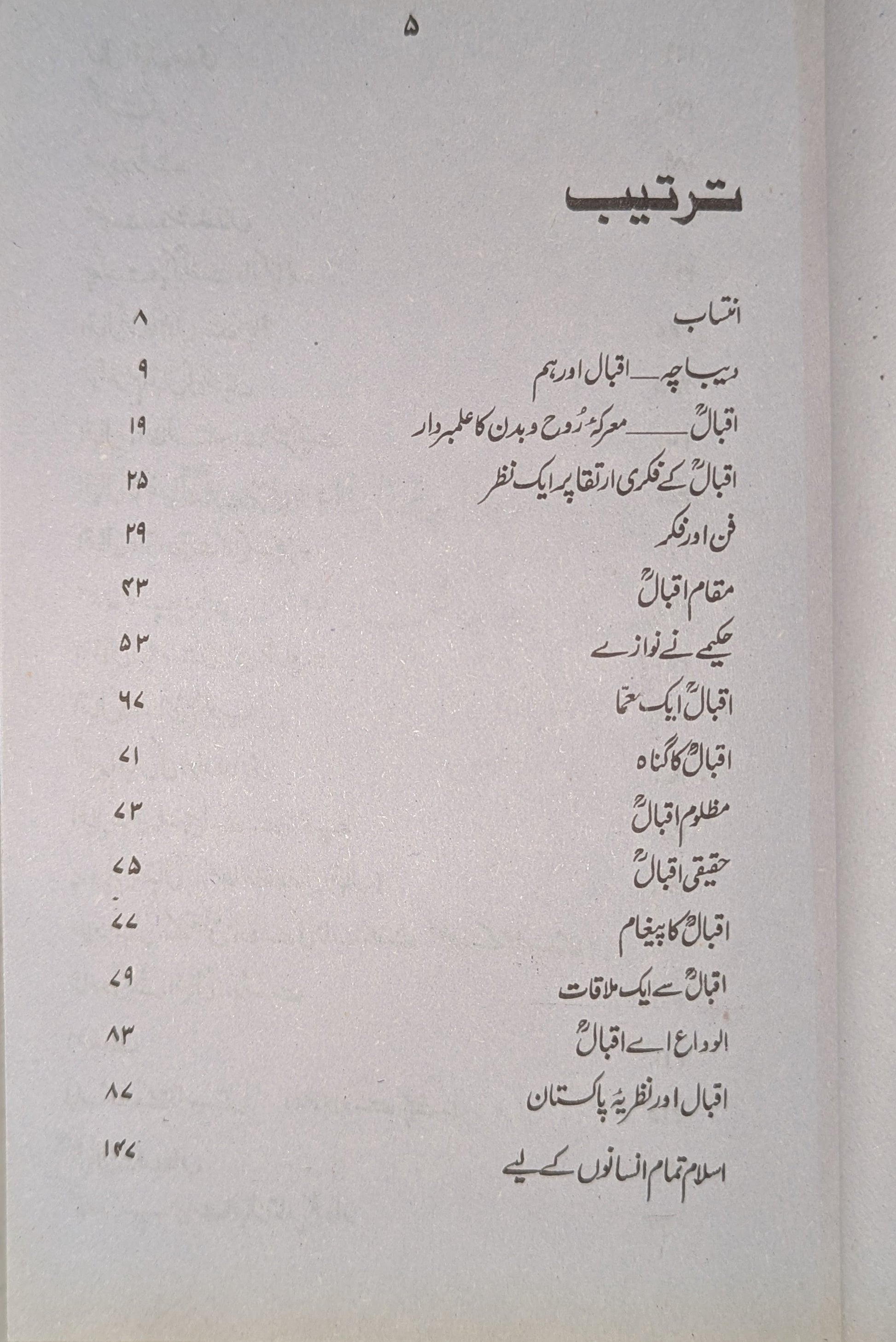 Table of Contents page 1 of Iqbal Ka Shaula-e-Nawa - Urdu Literary Essays
