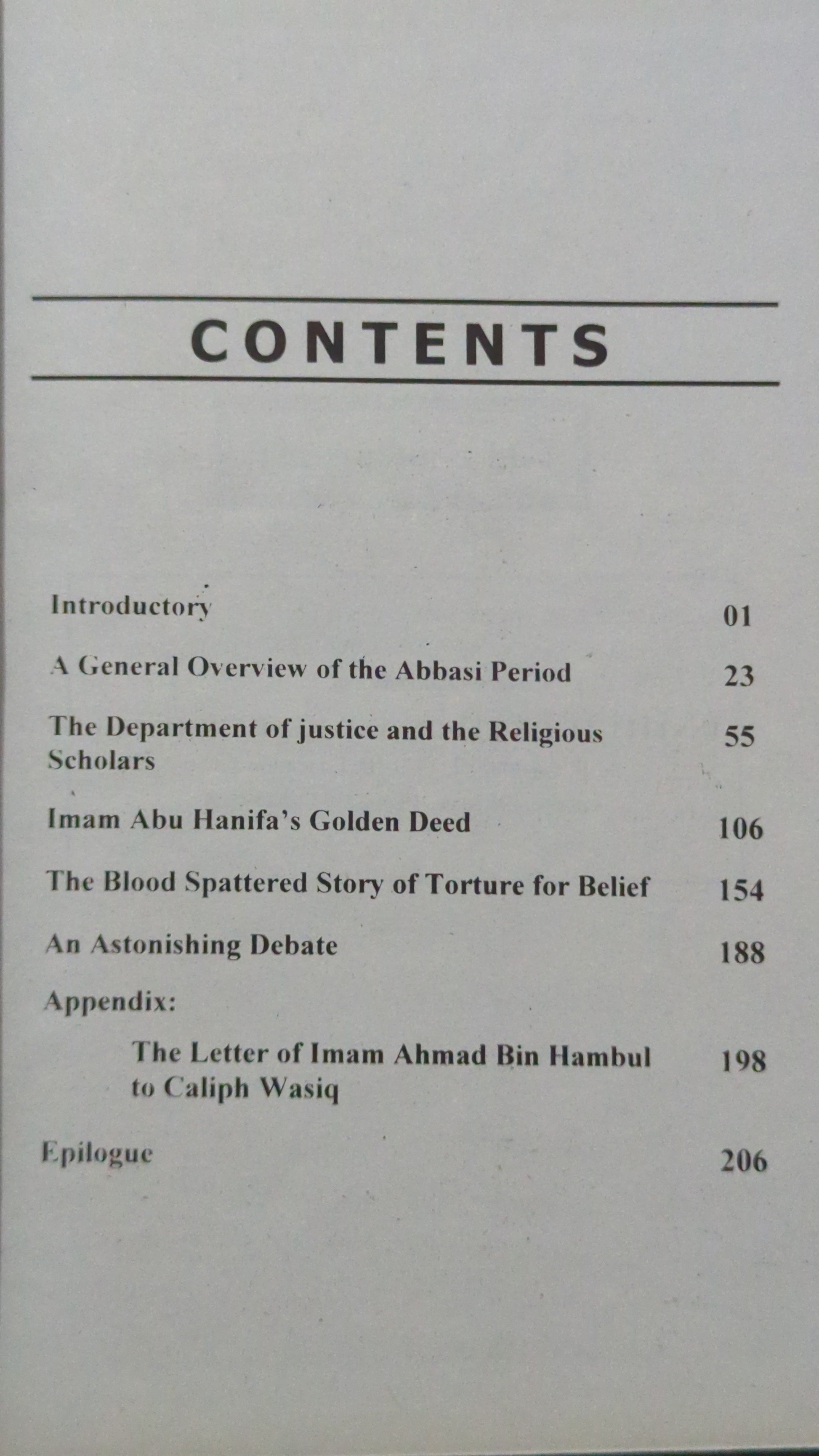 The Table of Contents page for "A Strife Between Religion and Politics In Abbasi Period," showing chapter titles including "A General Overview of the Abbasi Period," "Imam Abu Hanifa’s Golden Deed," and "The Blood Spattered Story of Torture for Belief