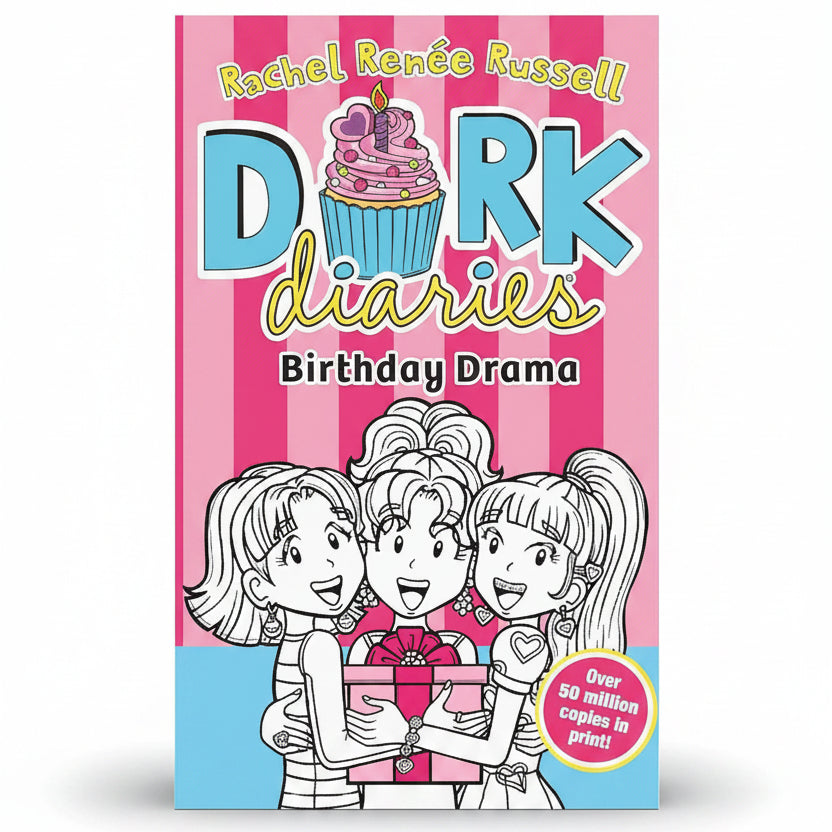 Book cover of 'Birthday Drama' from the Dork Diaries series with a pink and blue striped background.