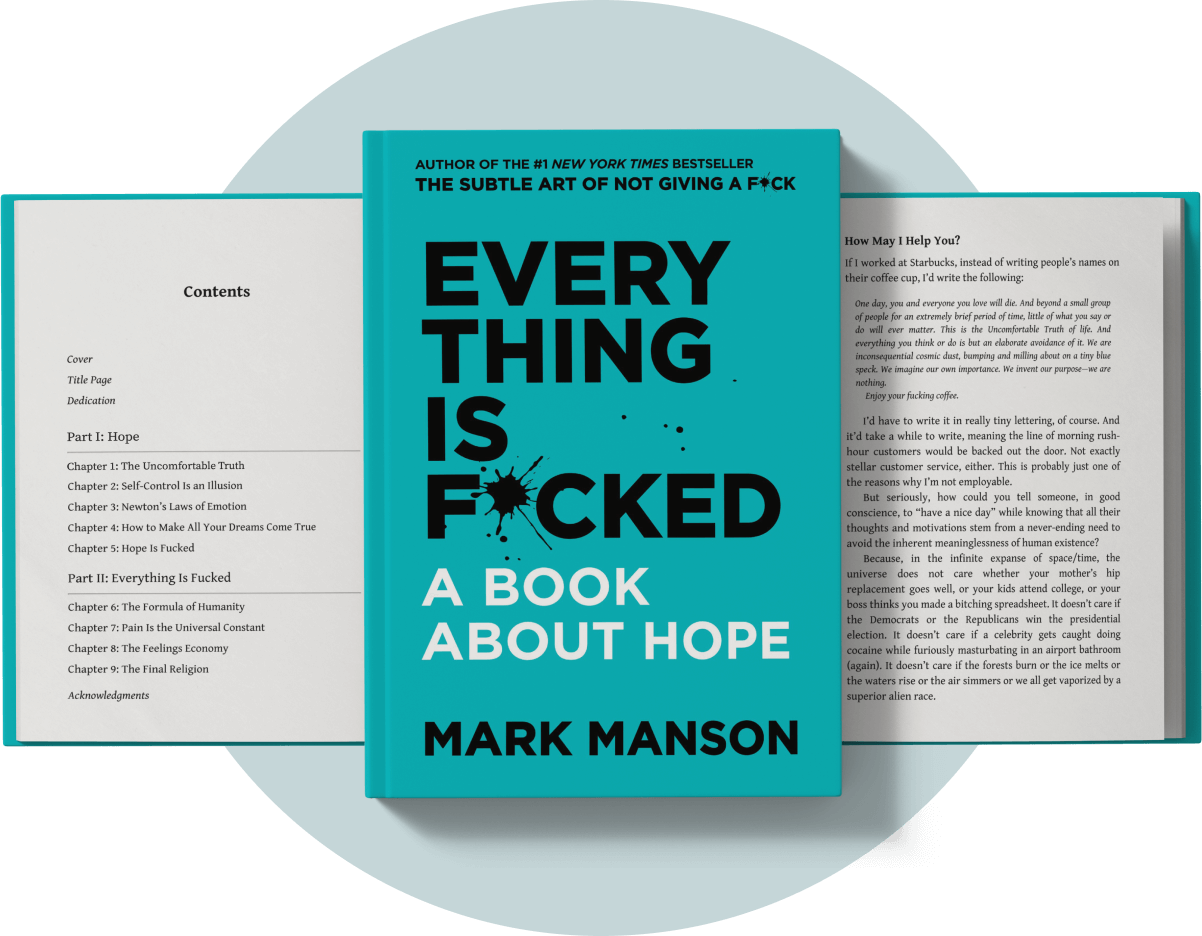 The front cover of the book 'Everything Is F*cked: A Book About Hope' by Mark Manson is centered, with open book pages visible behind it on a black background and a large white circle behind the books.