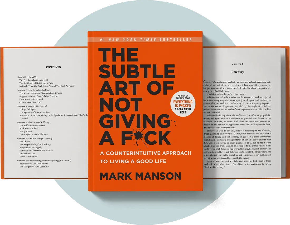 Book cover and open interior pages of The Subtle Art of Not Giving a F*ck by Mark Manson, shown on a white background with a pale blue oval backdrop behind the book.