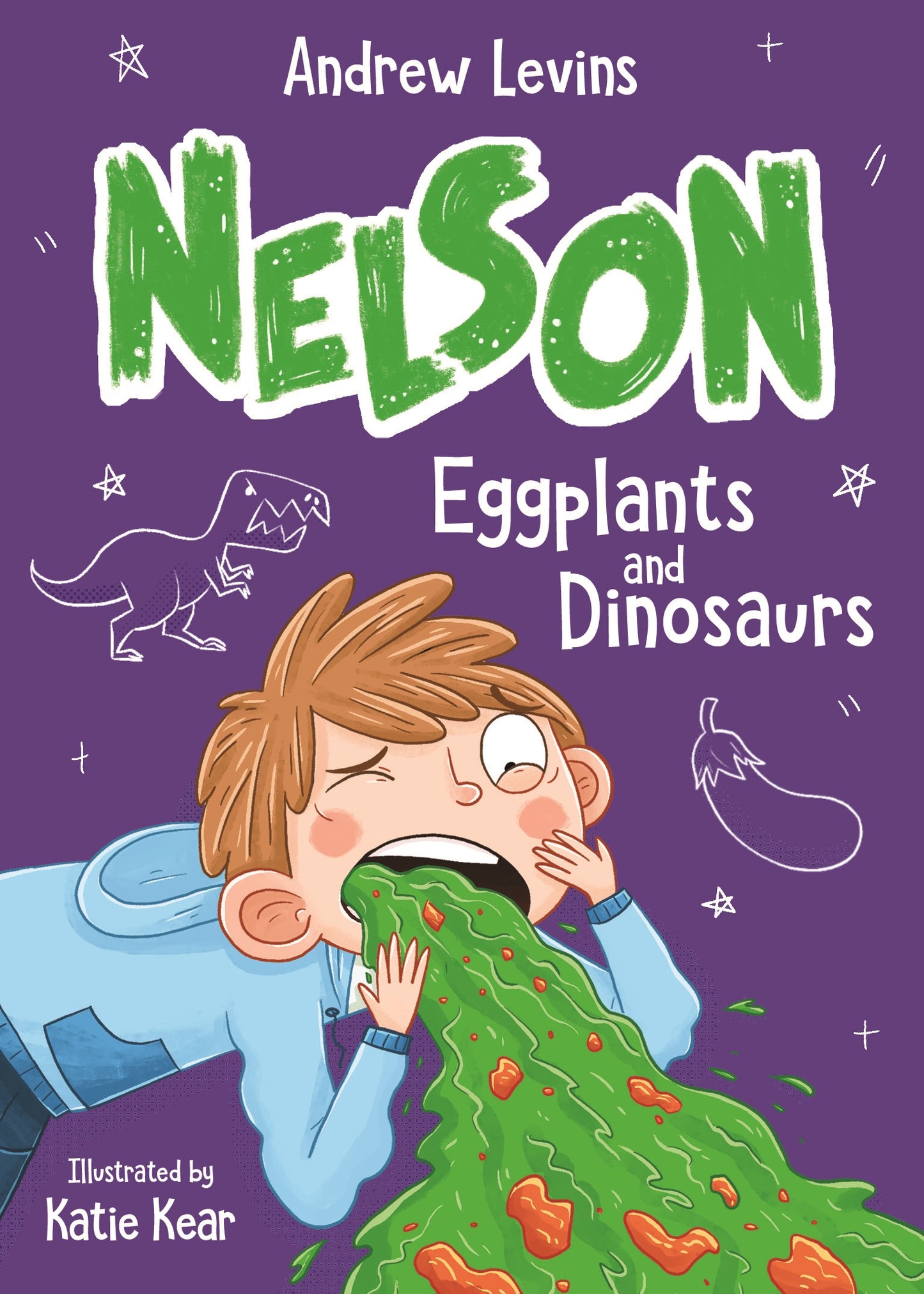 Book cover of 'Nelson Eggplants and Dinosaurs' with a child eating vegetables on a purple background.