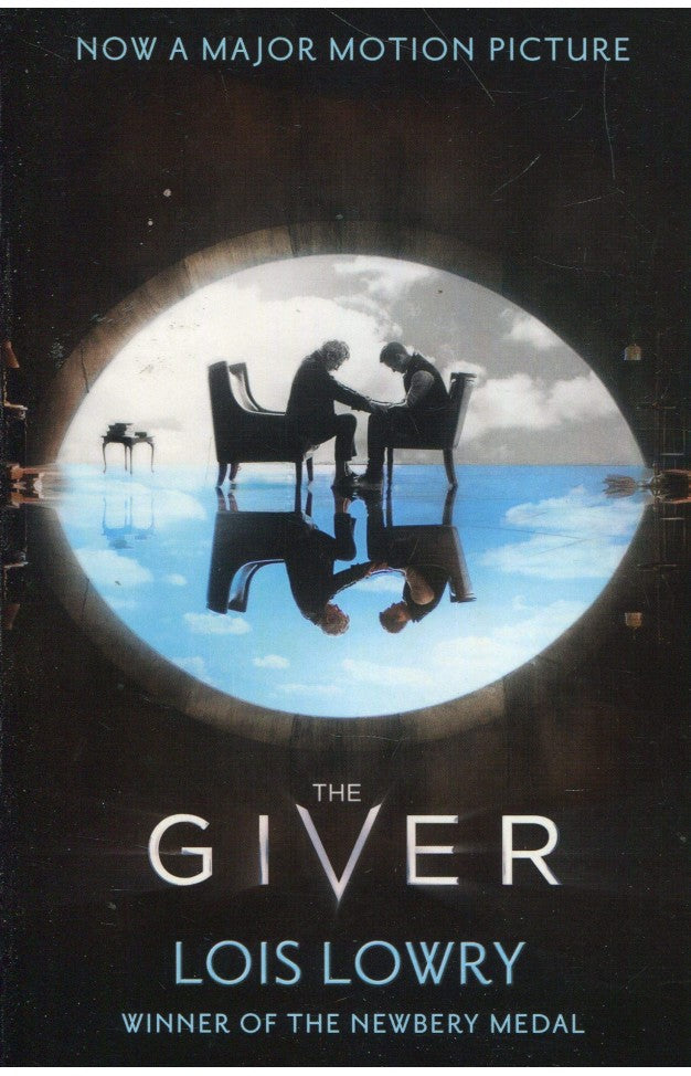 Book cover of 'The Giver' by Lois Lowry with a silhouette of two figures at a table.
